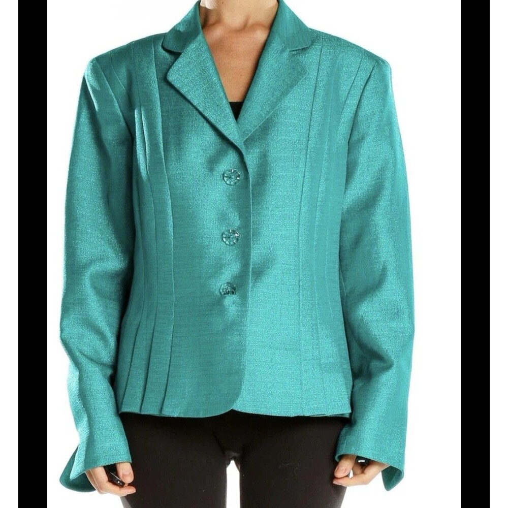 NWT Le Suit Women's Teal Blue 3-Button Career Blazer Jacket Sz 16P Pleated Front